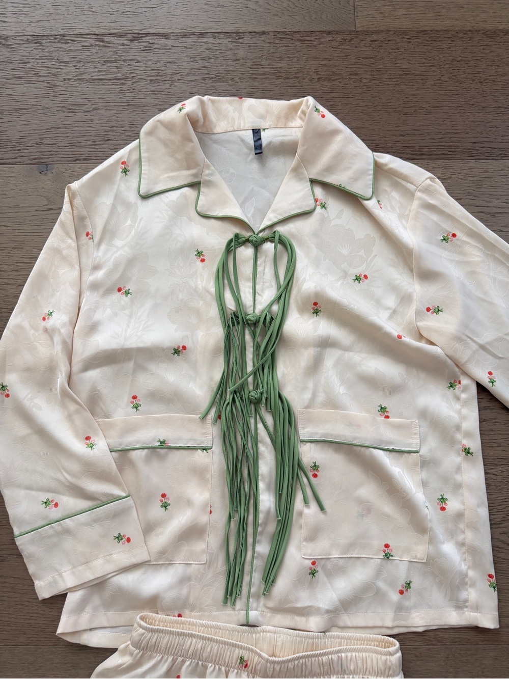 brand newCream Floral Pajama Set with Green Trim